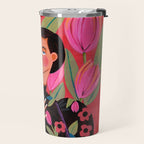 Portrait woman with tulips on red background Travel Mug Gallery Image 2