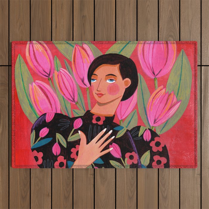 Portrait woman with tulips on red background Outdoor Rug Gallery Image 1