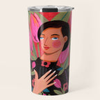 Portrait woman with tulips on red background Travel Mug Gallery Image 1