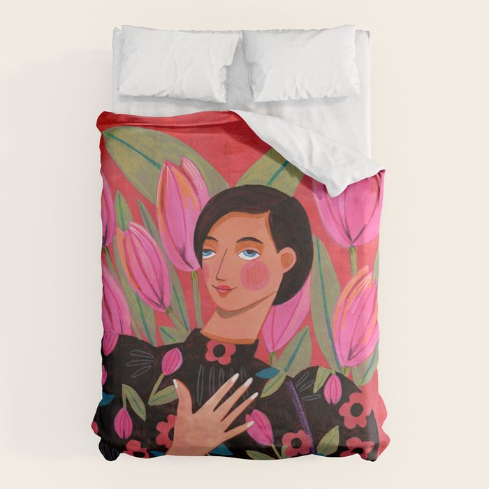 Portrait woman with tulips on red background Duvet Cover Gallery Image 6