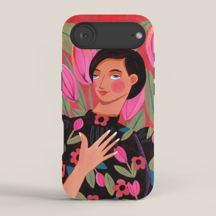 Portrait woman with tulips on red background iPhone Case Gallery Image 2