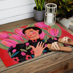 Portrait woman with tulips on red background Outdoor Rug Gallery Image 2