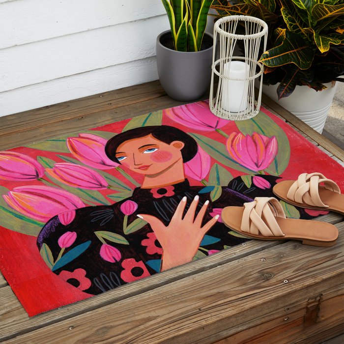 Portrait woman with tulips on red background Outdoor Rug Gallery Image 2