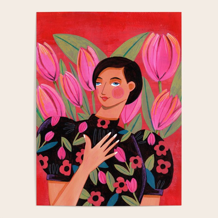 Portrait woman with tulips on red background Poster Gallery Image 4