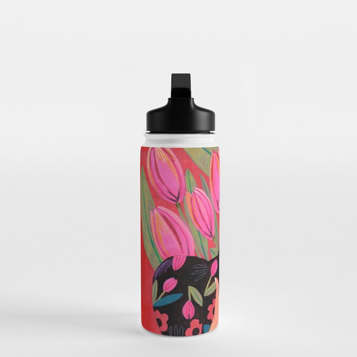 Portrait woman with tulips on red background Water Bottle Gallery Image 3