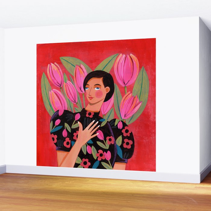 Portrait woman with tulips on red background Wall Mural Gallery Image 2