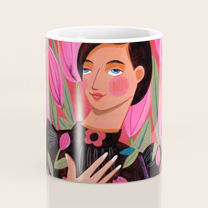 Portrait woman with tulips on red background Coffee Mug Gallery Image 4
