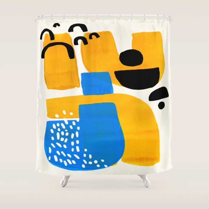 Mid Century Modern abstract Minimalist Fun Colorful Shapes Patterns Ikea Yellow & Blue Shower Curtain Gallery Image 1