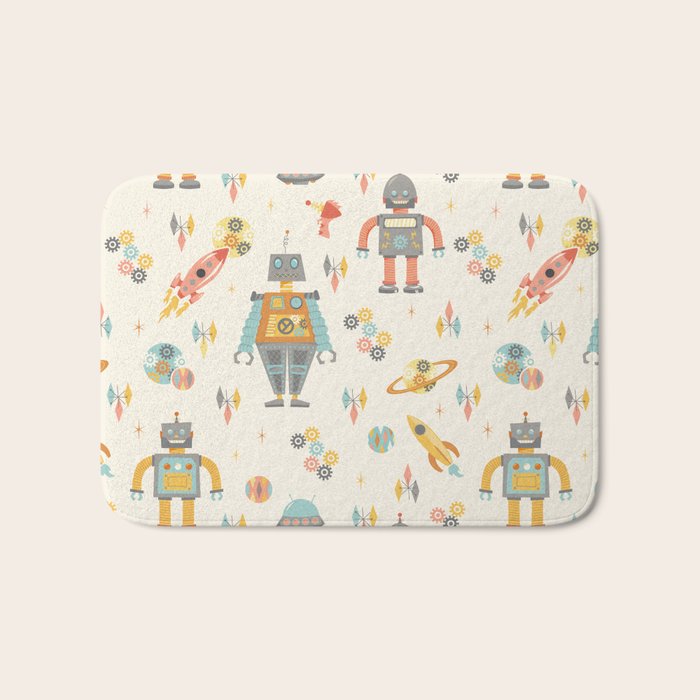 Vintage Inspired Robots in Space Bath Mat Gallery Image 1