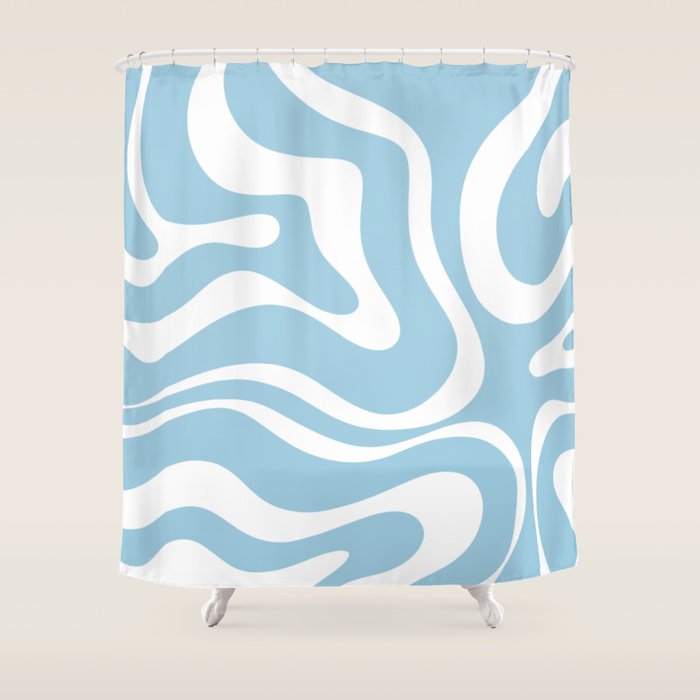 Retro Modern Liquid Swirl Abstract Pattern in Baby Blue and White Shower Curtain Gallery Image 1