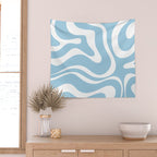 Retro Modern Liquid Swirl Abstract Pattern in Baby Blue and White Wall Tapestry Gallery Image 2