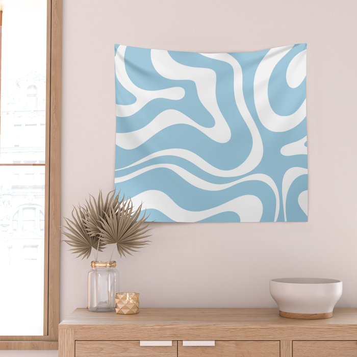 Retro Modern Liquid Swirl Abstract Pattern in Baby Blue and White Wall Tapestry Gallery Image 2