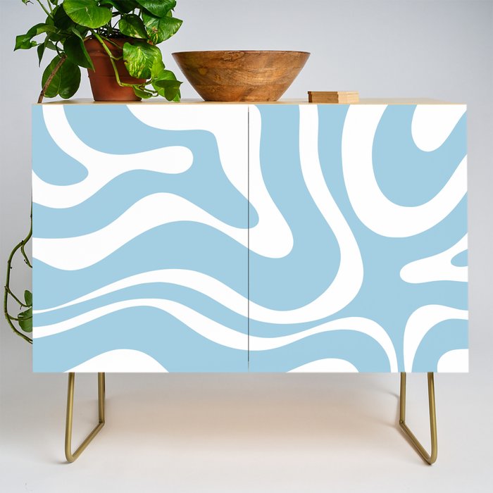 Retro Modern Liquid Swirl Abstract Pattern in Baby Blue and White Credenza Gallery Image 1