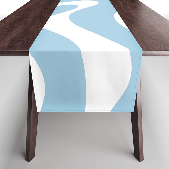 Retro Modern Liquid Swirl Abstract Pattern in Baby Blue and White Table Runner Gallery Image 1