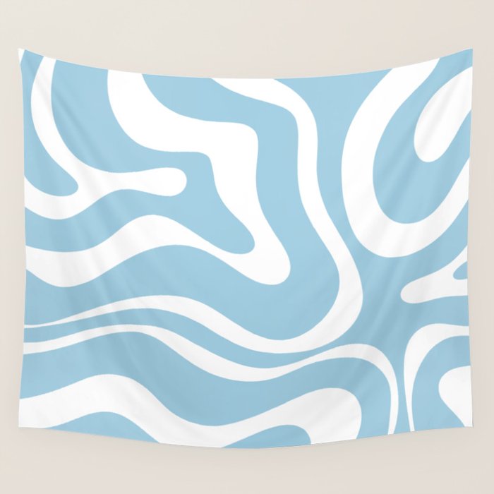 Retro Modern Liquid Swirl Abstract Pattern in Baby Blue and White Wall Tapestry Gallery Image 1