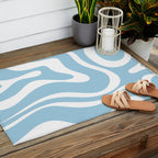 Retro Modern Liquid Swirl Abstract Pattern in Baby Blue and White Outdoor Rug Gallery Image 2