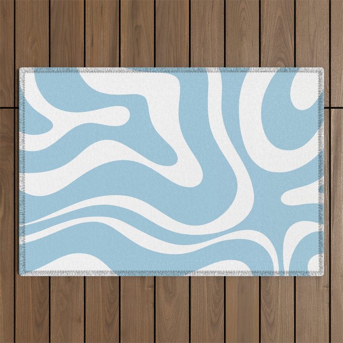 Retro Modern Liquid Swirl Abstract Pattern in Baby Blue and White Outdoor Rug Gallery Image 1
