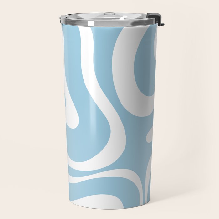 Retro Modern Liquid Swirl Abstract Pattern in Baby Blue and White Travel Mug Gallery Image 2