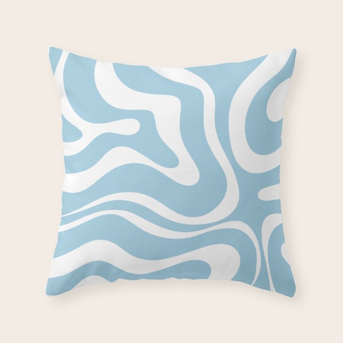 Retro Modern Liquid Swirl Abstract Pattern in Baby Blue and White Throw Pillow Gallery Image 1