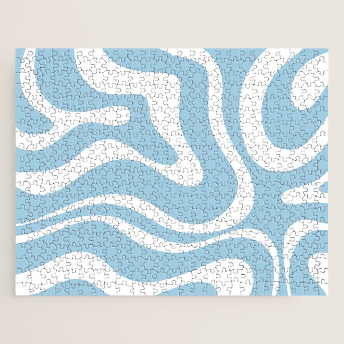 Retro Modern Liquid Swirl Abstract Pattern in Baby Blue and White Jigsaw Puzzle Gallery Image 1