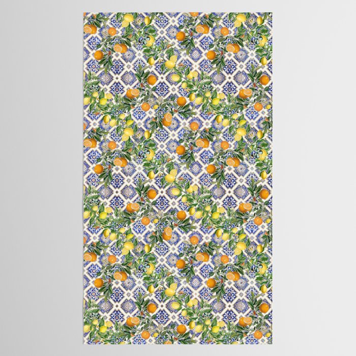 Sicilian Citrus, Mediterranean tiles, vintage lemons and orange fruit pattern Tablecloth Gallery Image 2
