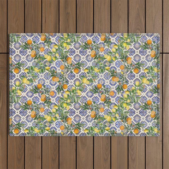 Sicilian Citrus, Mediterranean tiles, vintage lemons and orange fruit pattern Outdoor Rug Gallery Image 1