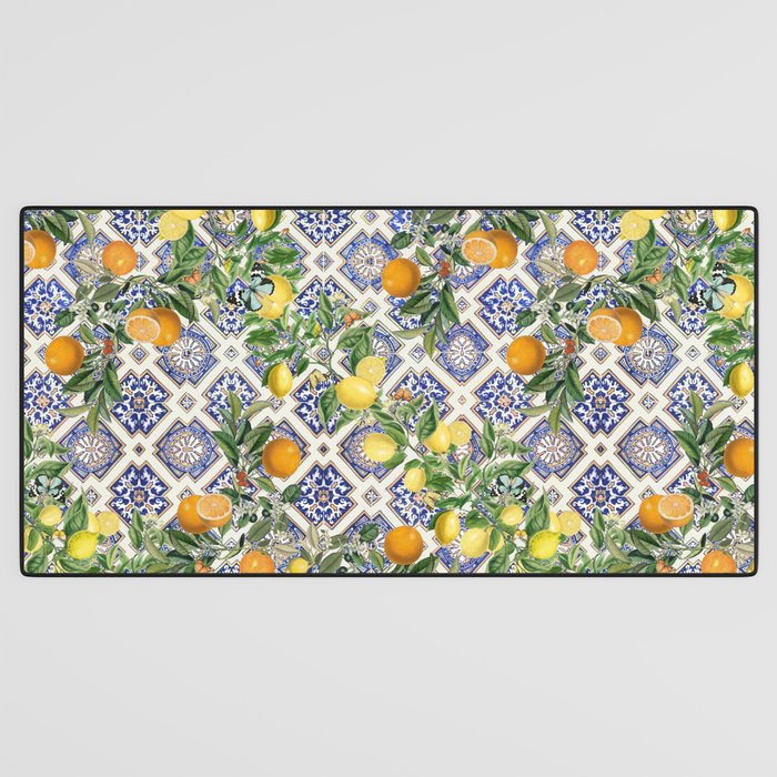 Sicilian Citrus, Mediterranean tiles, vintage lemons and orange fruit pattern Desk Mat Gallery Image 3
