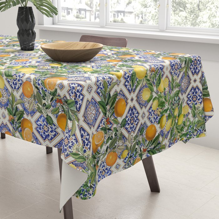 Sicilian Citrus, Mediterranean tiles, vintage lemons and orange fruit pattern Tablecloth Gallery Image 3