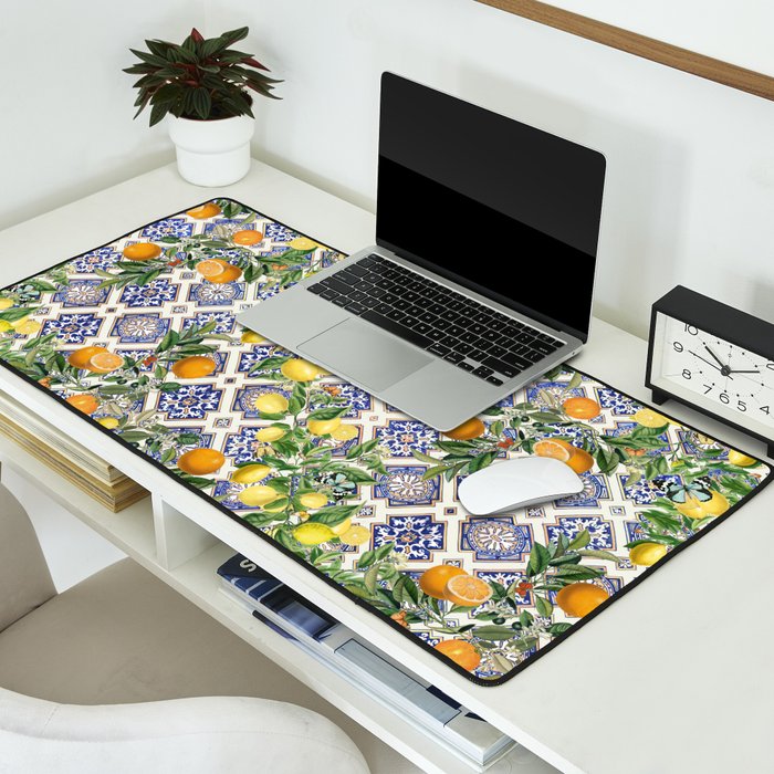 Sicilian Citrus, Mediterranean tiles, vintage lemons and orange fruit pattern Desk Mat Gallery Image 2