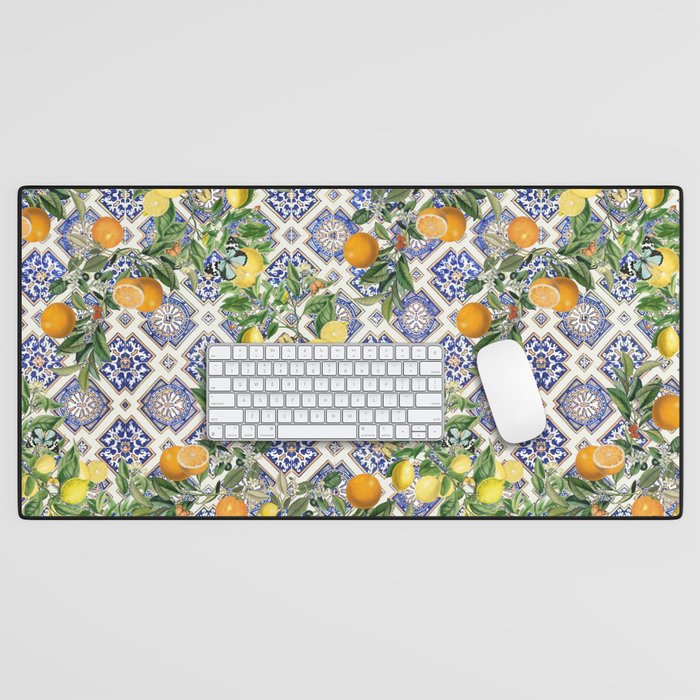 Sicilian Citrus, Mediterranean tiles, vintage lemons and orange fruit pattern Desk Mat Gallery Image 1