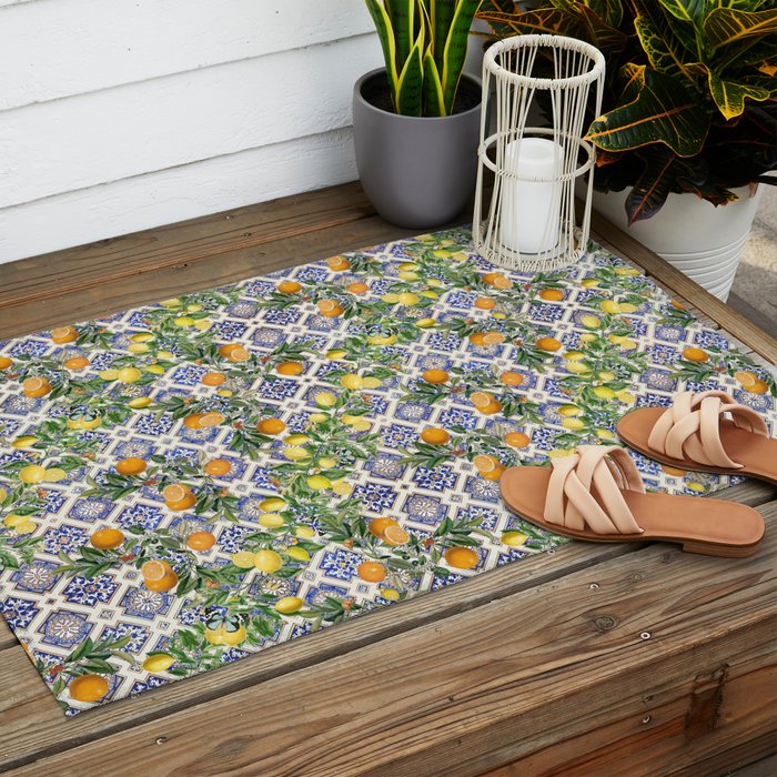 Sicilian Citrus, Mediterranean tiles, vintage lemons and orange fruit pattern Outdoor Rug Gallery Image 2