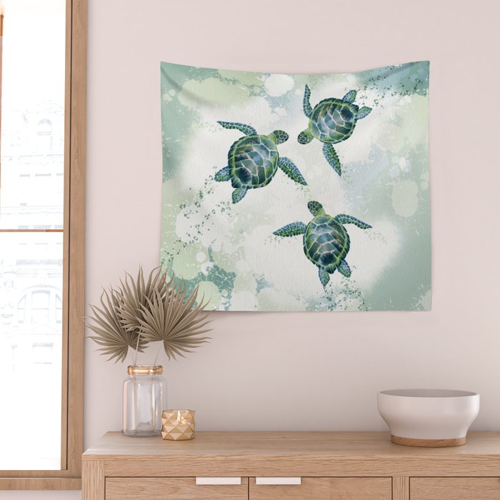 Swimming Together 3 - Sea Turtle  Wall Tapestry Gallery Image 2
