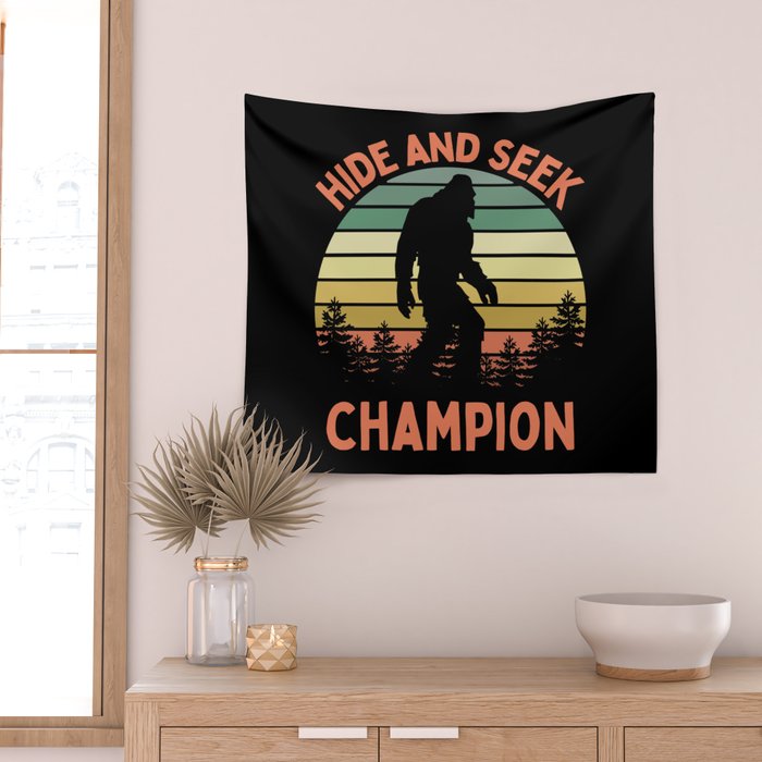 Bigfoot Hide And Seek Champion Funny Sasquatch Vintage Sunset Wall Tapestry Gallery Image 2