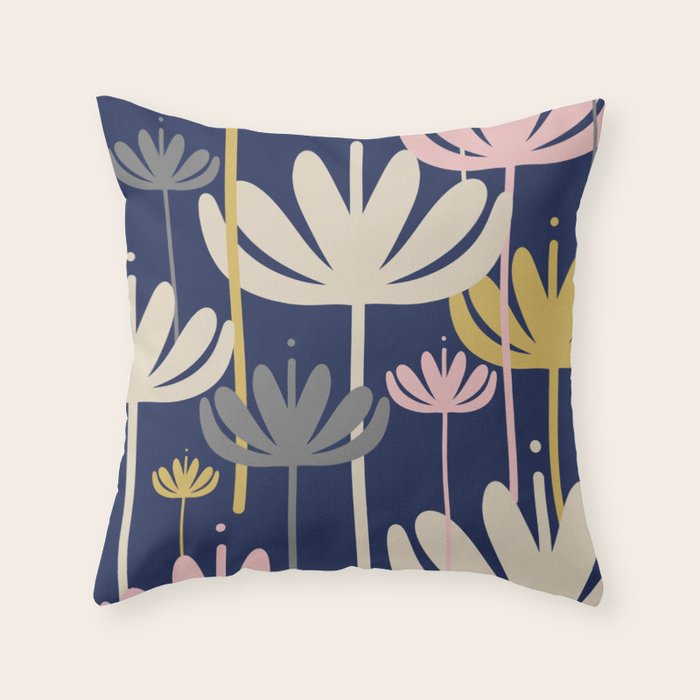 Bali Flowers Abstract Floral Pattern in Mustard, Pink, Gray, and Navy Blue Throw Pillow Gallery Image 1