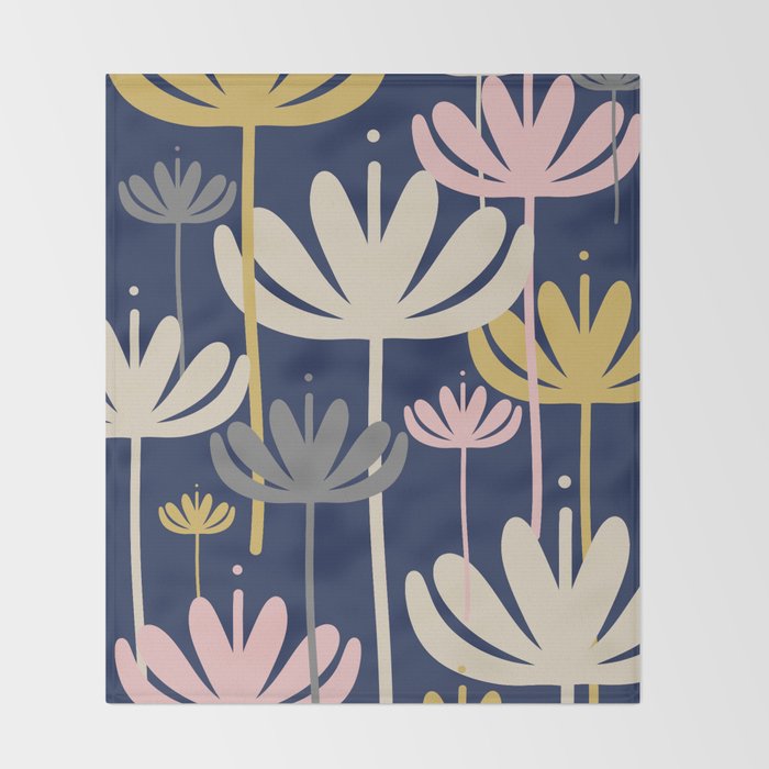Bali Flowers Abstract Floral Pattern in Mustard, Pink, Gray, and Navy Blue Throw Blanket Gallery Image 2