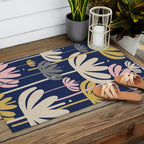 Bali Flowers Abstract Floral Pattern in Mustard, Pink, Gray, and Navy Blue Outdoor Rug Gallery Image 2