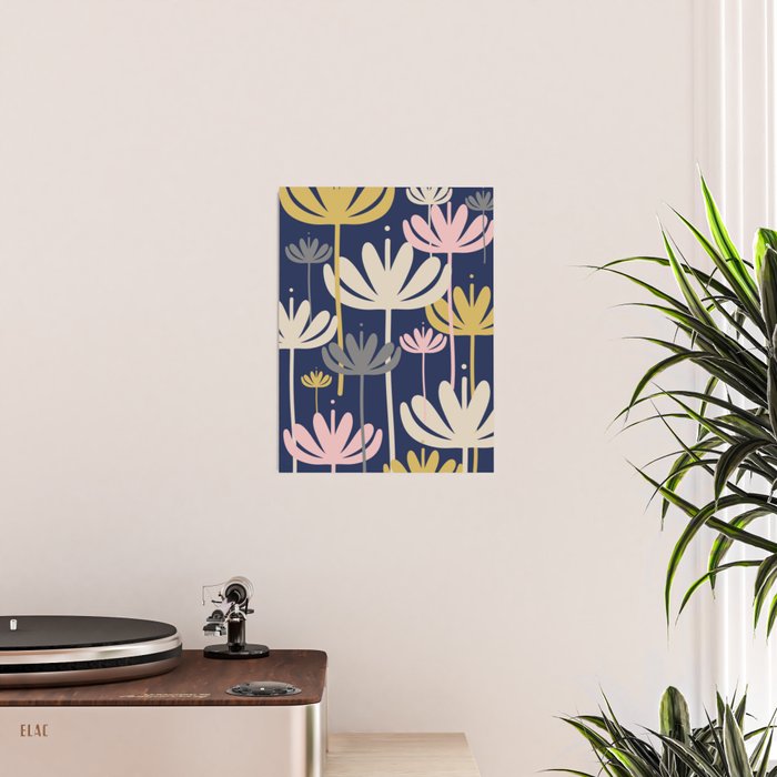 Bali Flowers Abstract Floral Pattern in Mustard, Pink, Gray, and Navy Blue Poster Gallery Image 2