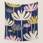 Bali Flowers Abstract Floral Pattern in Mustard, Pink, Gray, and Navy Blue Wall Tapestry Gallery Image 4