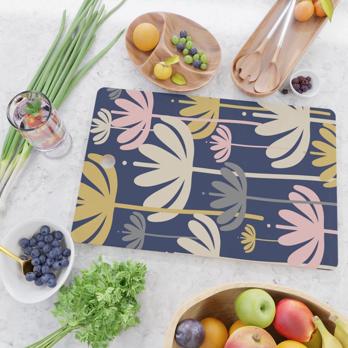 Bali Flowers Abstract Floral Pattern in Mustard, Pink, Gray, and Navy Blue Cutting Board Gallery Image 2