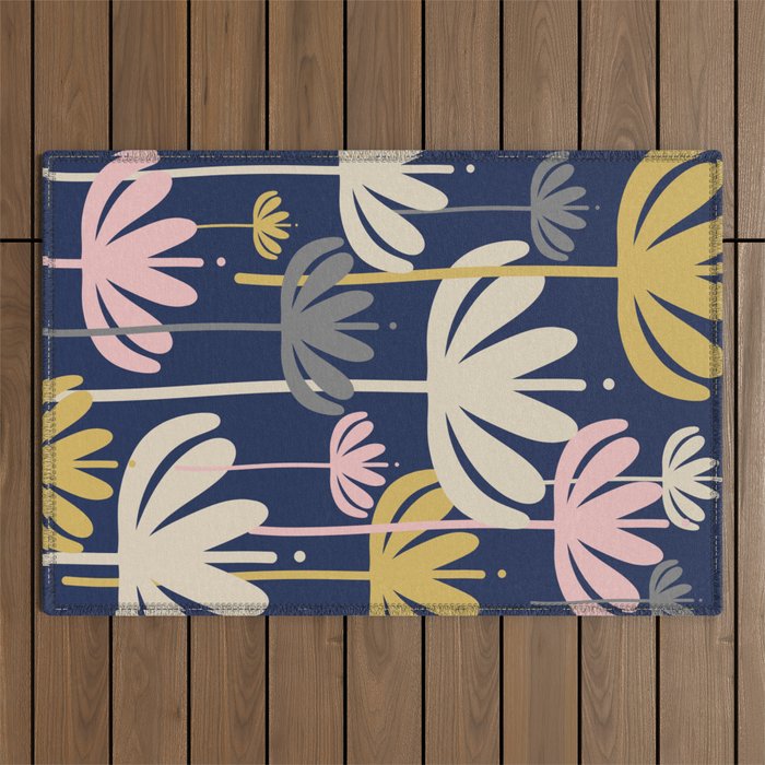 Bali Flowers Abstract Floral Pattern in Mustard, Pink, Gray, and Navy Blue Outdoor Rug Gallery Image 1