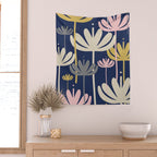 Bali Flowers Abstract Floral Pattern in Mustard, Pink, Gray, and Navy Blue Wall Tapestry Gallery Image 2