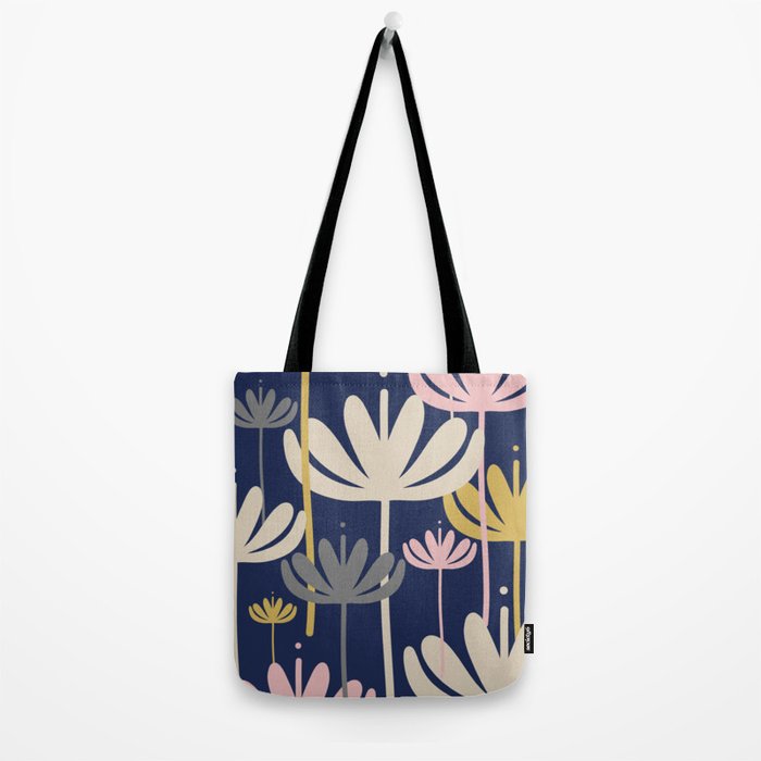 Bali Flowers Abstract Floral Pattern in Mustard, Pink, Gray, and Navy Blue Tote Bag Gallery Image 2
