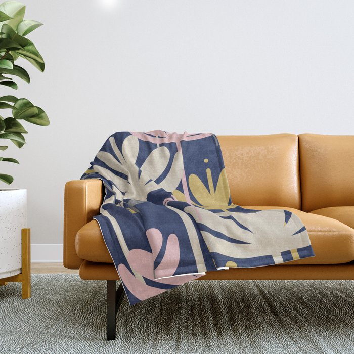 Bali Flowers Abstract Floral Pattern in Mustard, Pink, Gray, and Navy Blue Throw Blanket Gallery Image 1