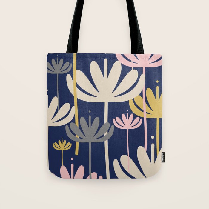 Bali Flowers Abstract Floral Pattern in Mustard, Pink, Gray, and Navy Blue Tote Bag Gallery Image 1