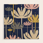 Bali Flowers Abstract Floral Pattern in Mustard, Pink, Gray, and Navy Blue Wood Wall Art Gallery Image 1