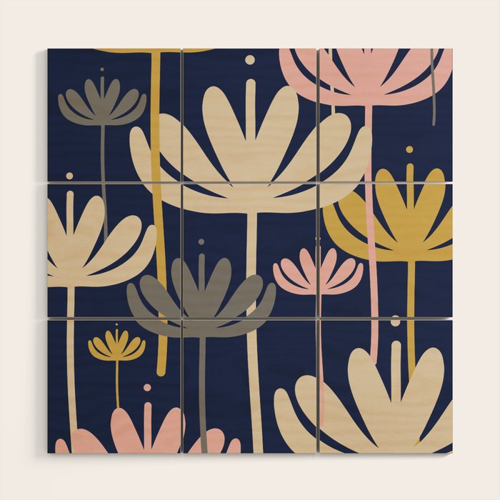 Bali Flowers Abstract Floral Pattern in Mustard, Pink, Gray, and Navy Blue Wood Wall Art Gallery Image 1