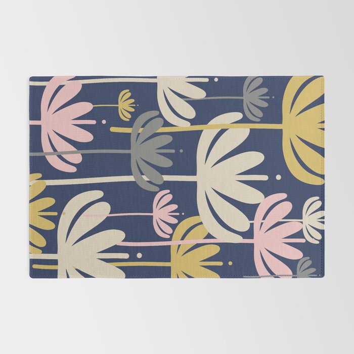 Bali Flowers Abstract Floral Pattern in Mustard, Pink, Gray, and Navy Blue Rug Gallery Image 2