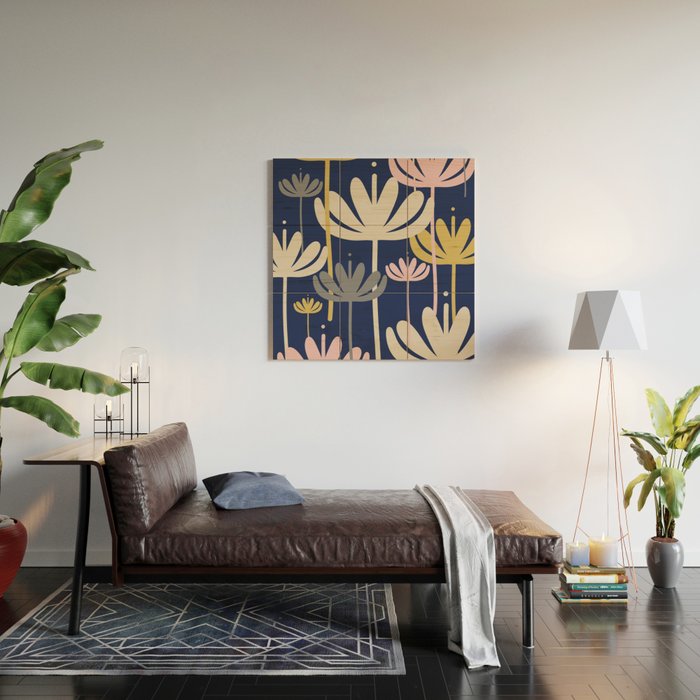Bali Flowers Abstract Floral Pattern in Mustard, Pink, Gray, and Navy Blue Wood Wall Art Gallery Image 2