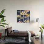 Bali Flowers Abstract Floral Pattern in Mustard, Pink, Gray, and Navy Blue Wood Wall Art Gallery Image 2