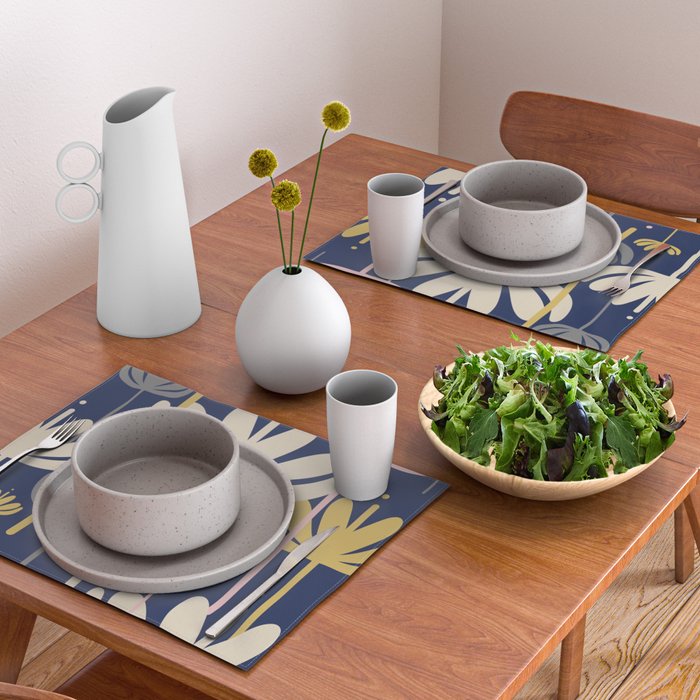 Bali Flowers Abstract Floral Pattern in Mustard, Pink, Gray, and Navy Blue Placemat Gallery Image 2